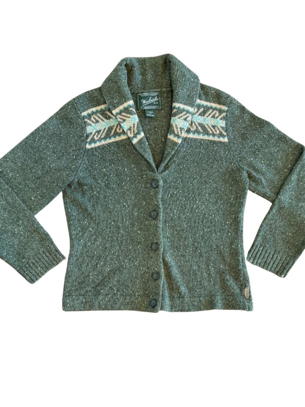 Woolrich Women's Green Fair Isle Green Button Up Cardigan Size Medium